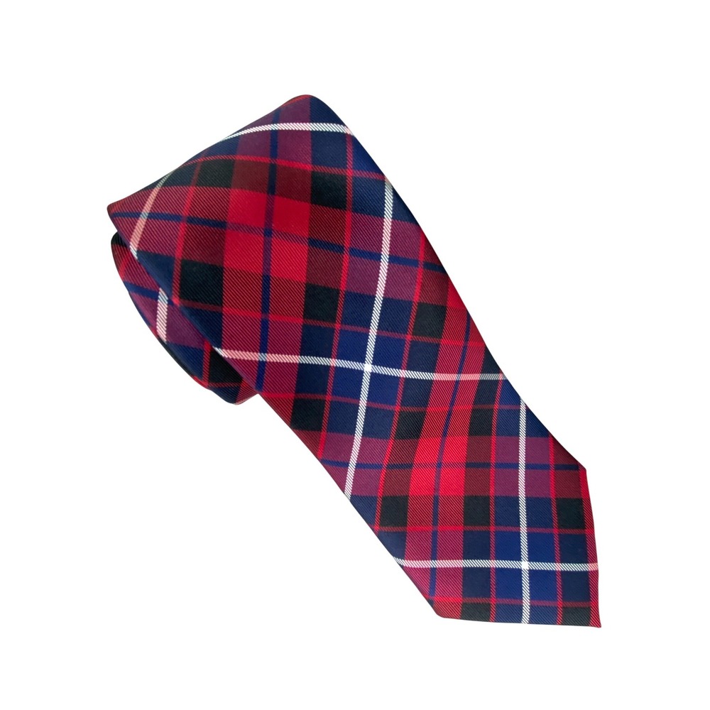 Tommy Hilfiger Mens Tie Red Navy Blue Plaid Silk Classic Designer Necktie 59x3.5